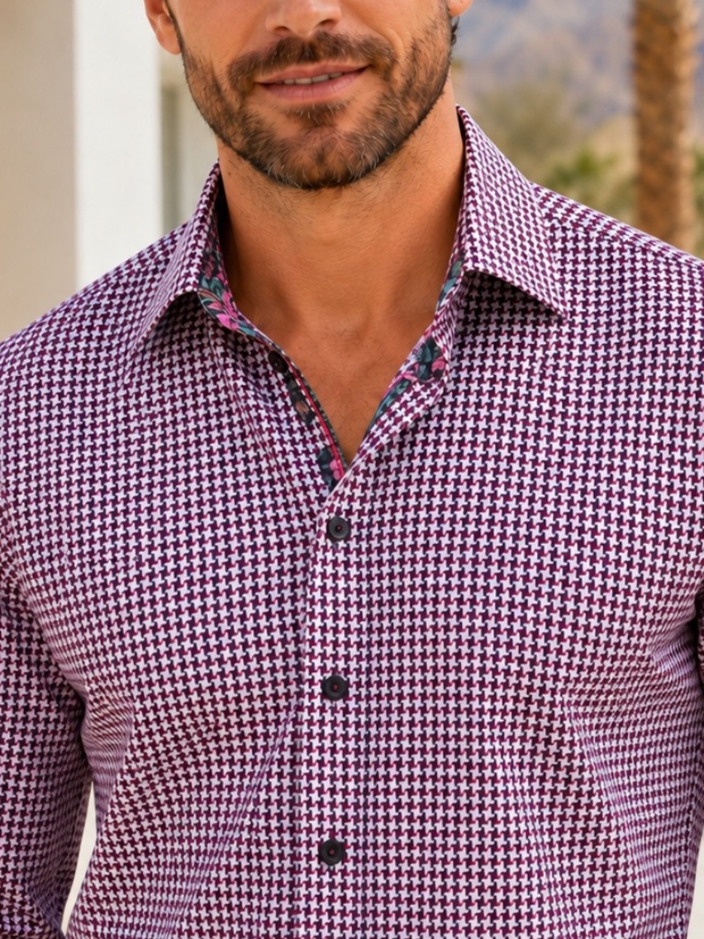 Robert Graham Houndstooth Print Shirt Men’s Large 46 Chest Grosgrain Cuffs